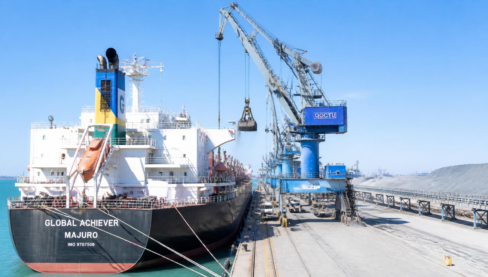 Geared dry bulk carrier loading at a bulk terminal in bright daylight